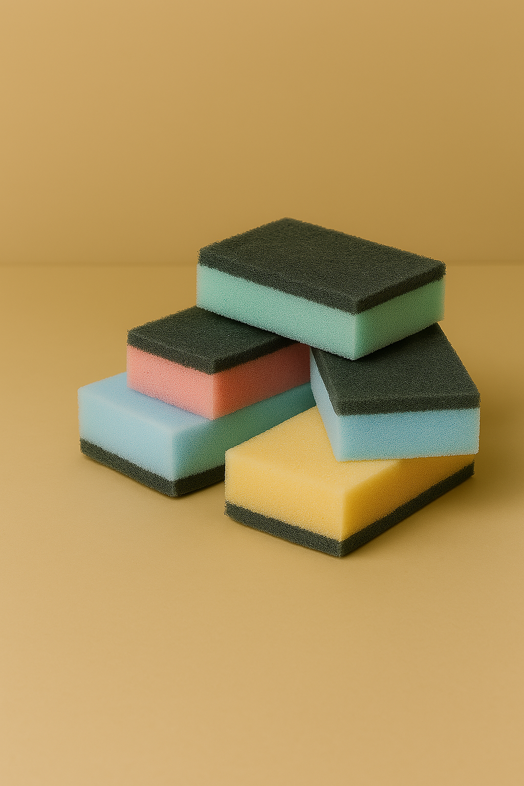 Stacked multicolored cleaning sponges on a yellow surface. Sponge Adhesives.
