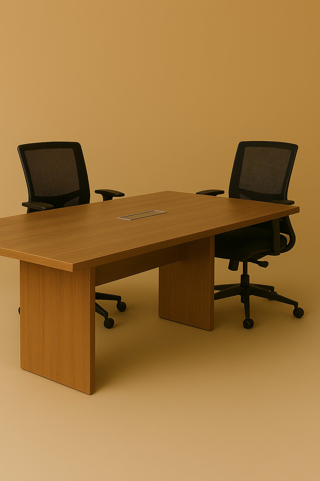 Empty wooden conference table with two black mesh office chairs against a plain beige wall. Furniture Assembly. Product Assembly.