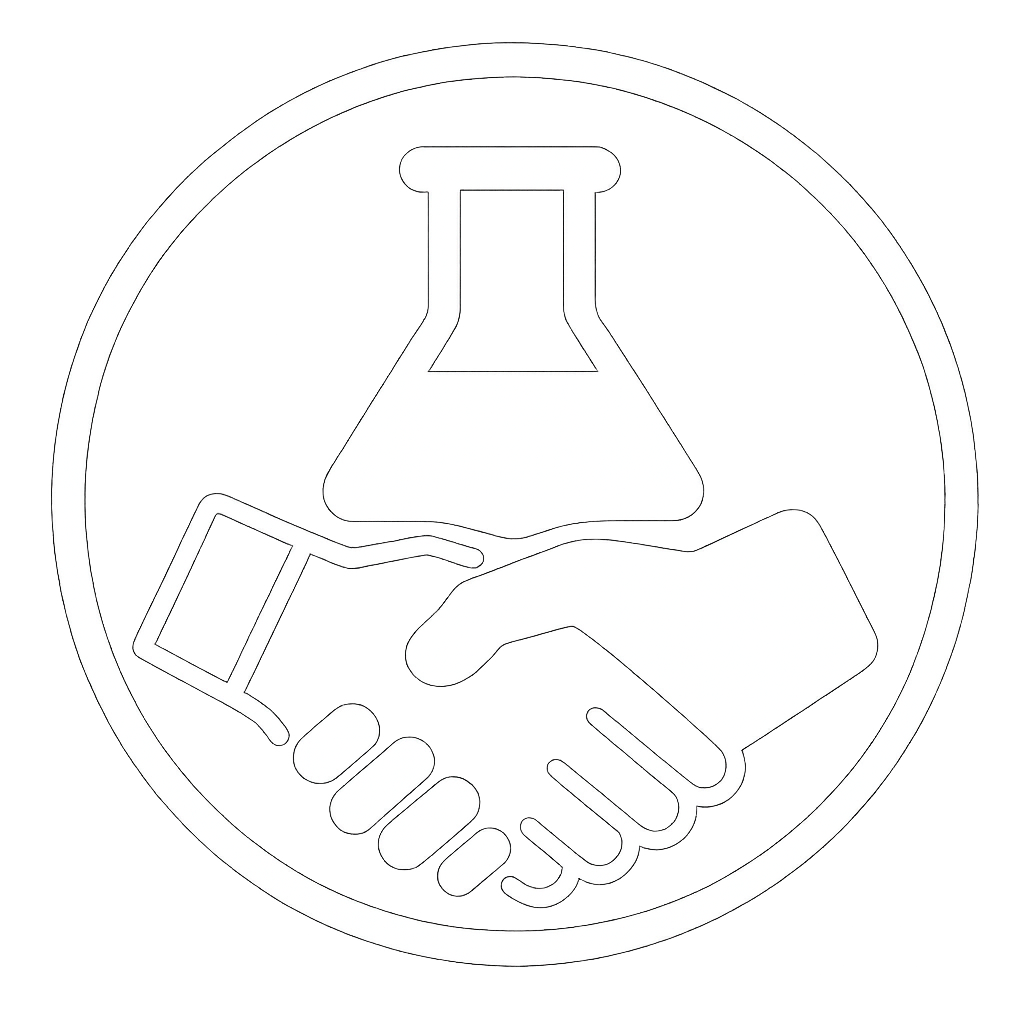 Outline of a handshake with a laboratory flask above inside a circular border.