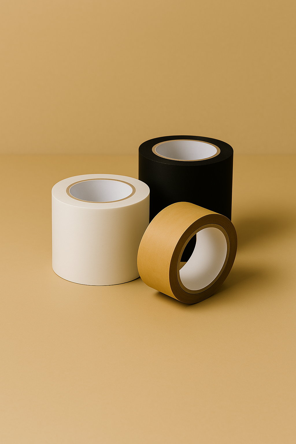 Three rolls of tape in black, white, and kraft brown colors on a beige background. Tape and Label adhesives.
