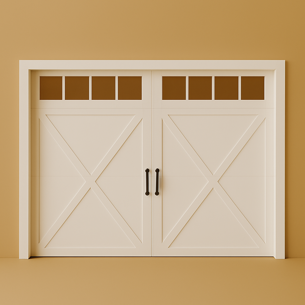 White double garage doors with small windows at the top, set against a beige wall. Product Assembly.