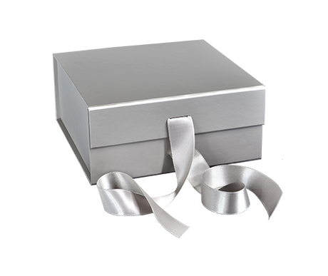 Matte Silver - Magnetic Ribbon Tie Gift Box - 6 x 6 x 2-3/4"