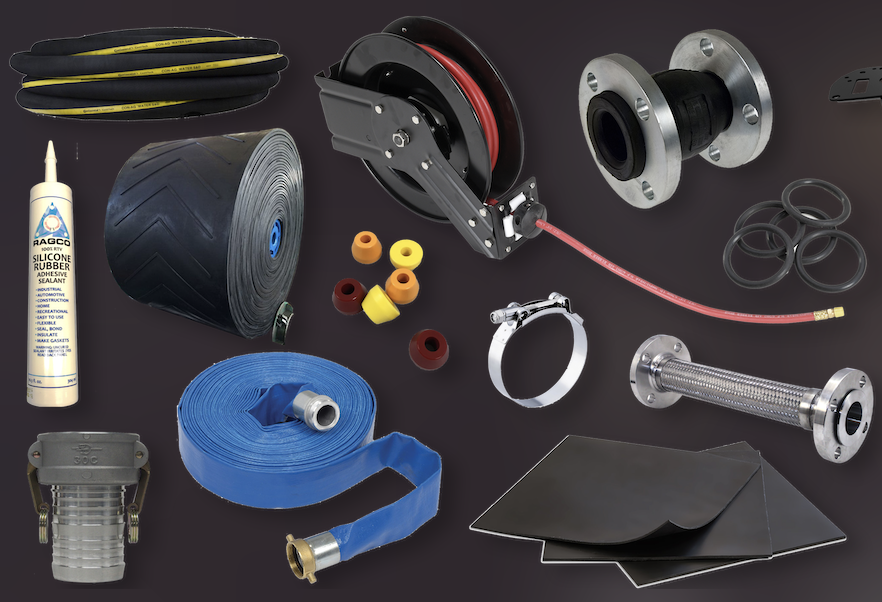 Assorted industrial components including rubber hose, silicone sealant, gaskets, bolts, a hose reel, flexible pipe, and rubber parts on a dark background.