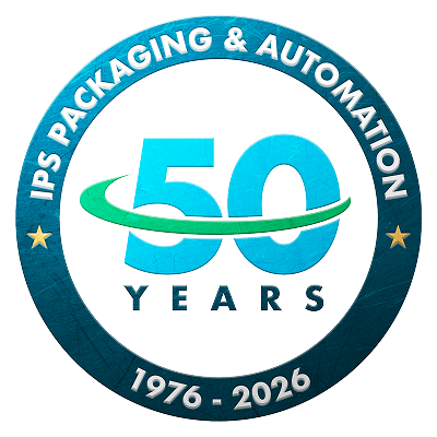 Circular badge celebrating 50 years of IPS Packaging & Automation from 1976 to 2026.