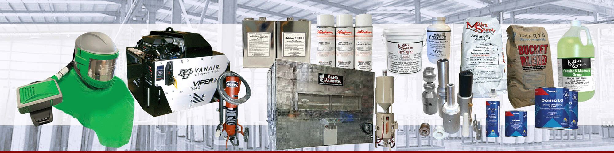 Miles Supply has sandblast equipment and supplies; safety helmets, compressors, blast pots, sandHandler, setting supplies nozzles, abrasives